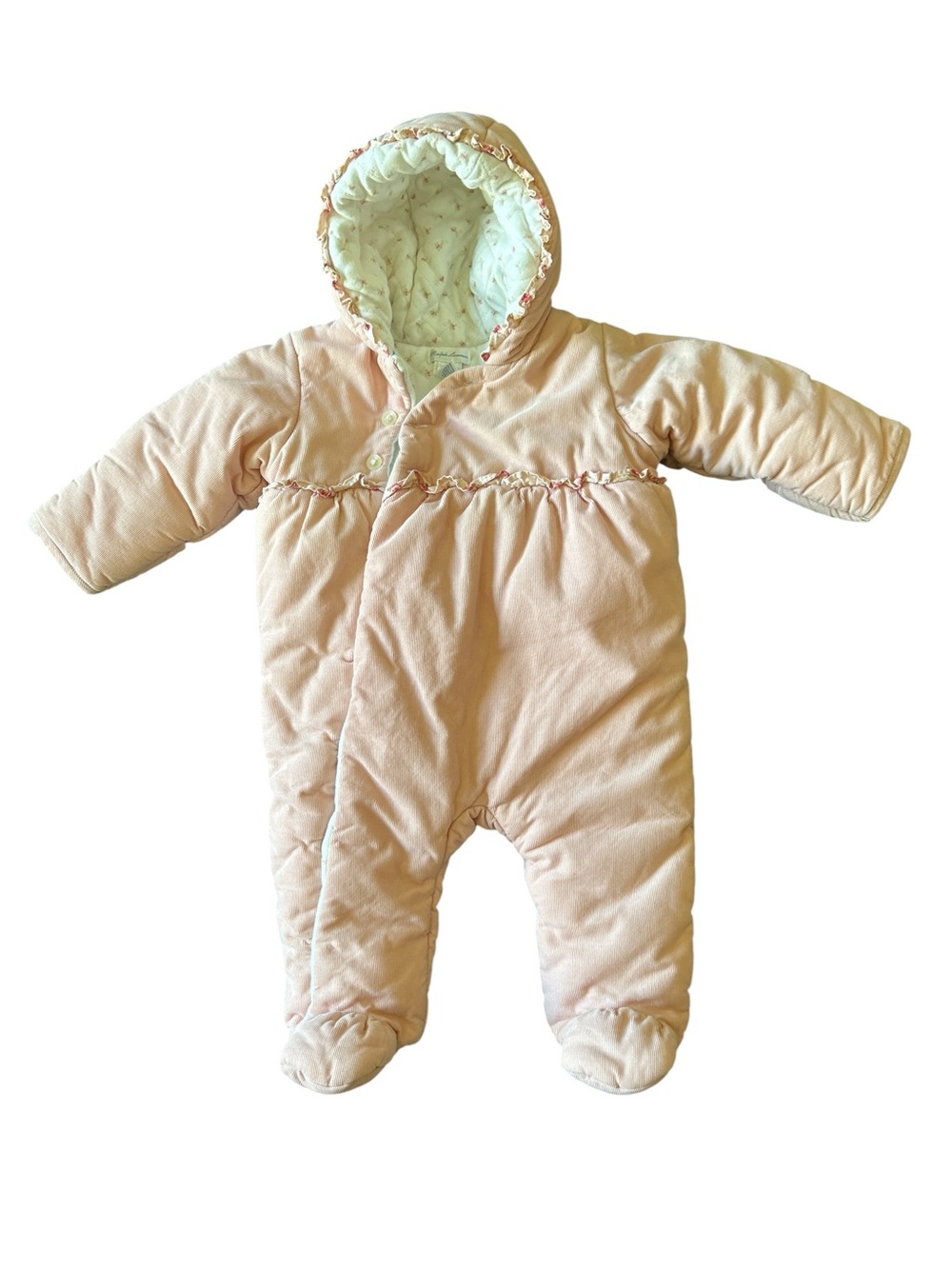 Ralph Lauren Baby Pink Corduroy Hooded One-Piece Snowsuit - Vintage Pramsuit